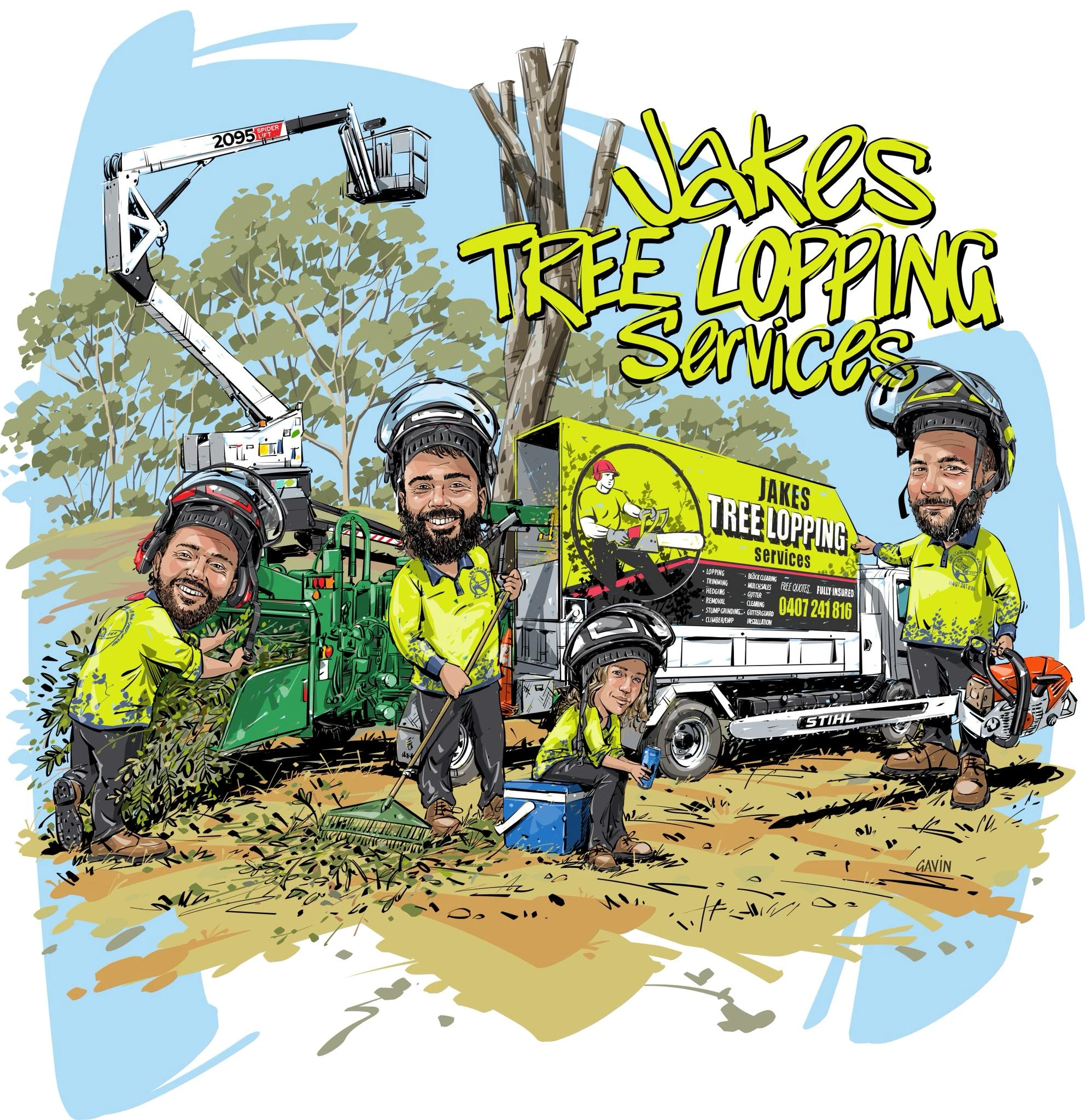 The Jake's Tree Lopping Services crew, hand-drawn by a local artist