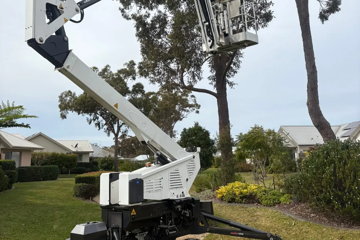 Spider lift (EWP) set up on a lawn to reach a tree on a tight block
